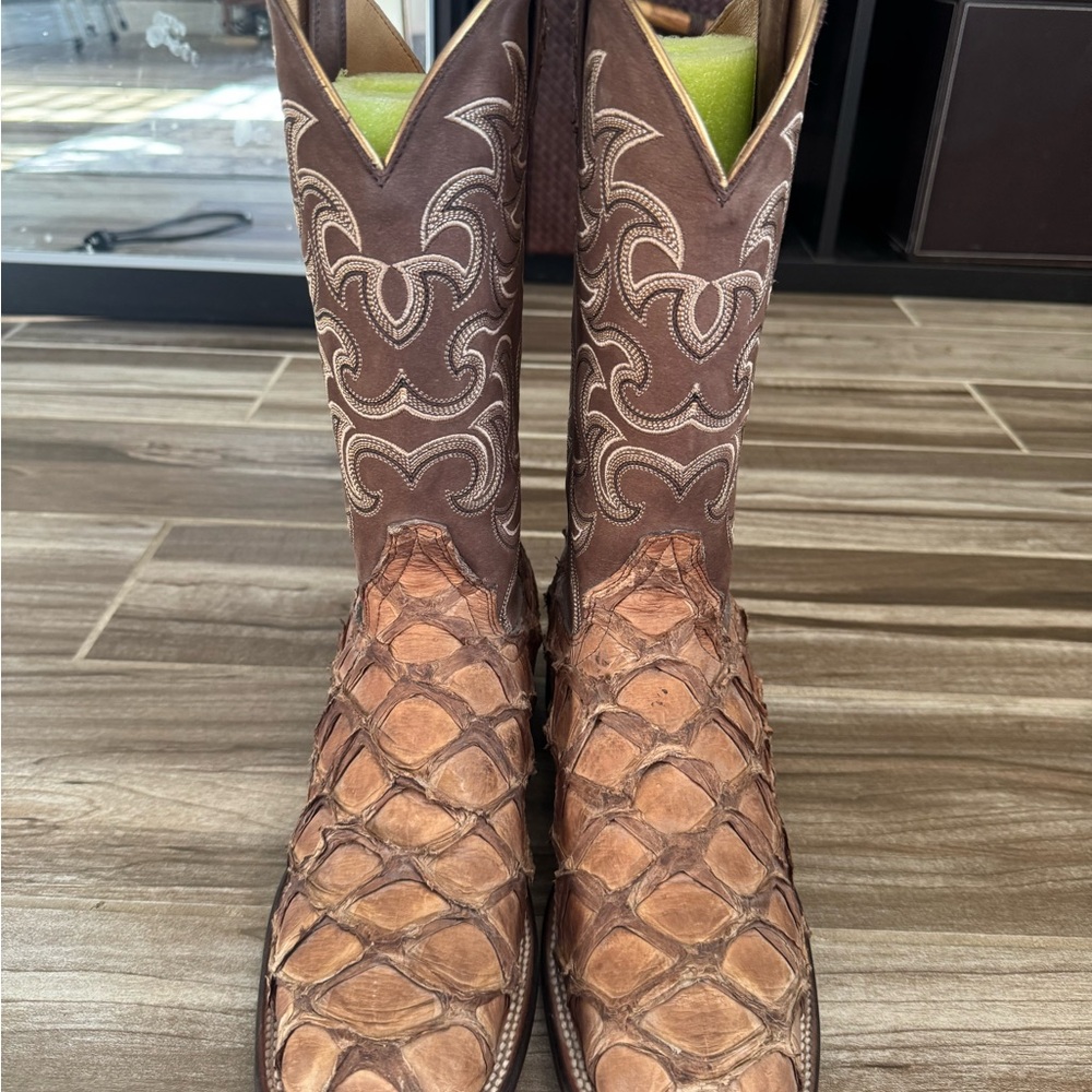 Brown Leather Cowboy Boots with Exotic Pirarucu Fish Leather
